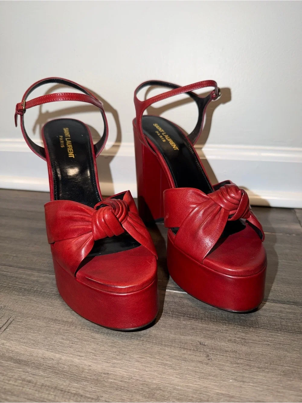 Saint Laurent Red Leather Bianca Knotted Platform Sandals - NWT